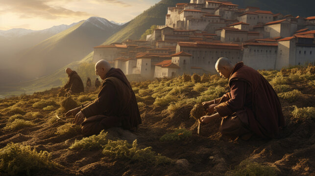 monks plant potatoes in the garden, against the backdrop of the monastery and mountains
