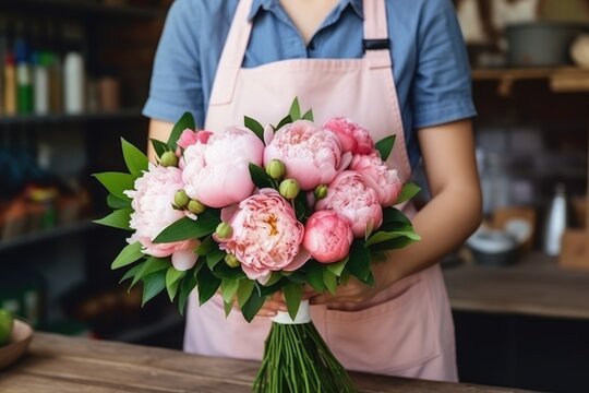 Close up of spring Bouquet of peonies on blurred florist workplace. Closeup of female florist holding large bunch of flowers with ribbon in hands. Small flower business, shop. Mother's, Women's Day