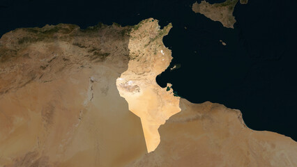 Tunisia highlighted. Low-res satellite map