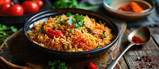 Indian Street Food called Tawa Pulao is prepared with basmati rice, vegetables, and spices, with emphasis on detail.
