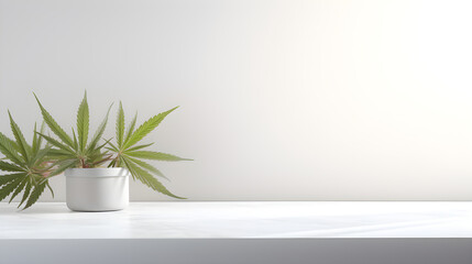 Minimalistische Präsentation: Cannabis-Pflanze auf weißem Tisch für Produkt-Showcase