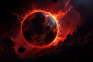 Fiery Lava planet in space. Alien volcano. Generate Ai