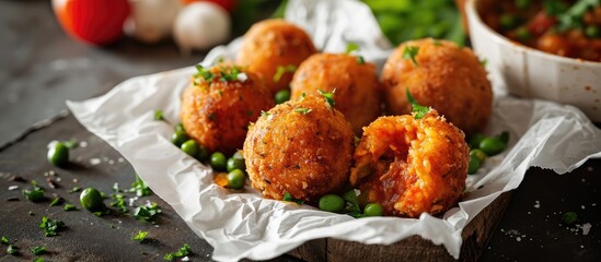 Sicilian arancini with meat stew and peas, street food in Palermo, on white paper in Italian. - obrazy, fototapety, plakaty