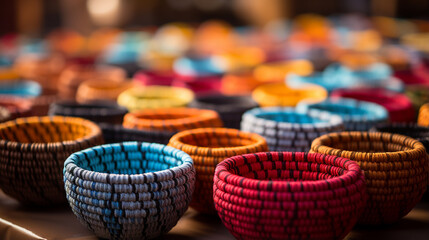 Colorful handmade baskets. Wicker crafts. Sale of colorful baskets in a regional products store.