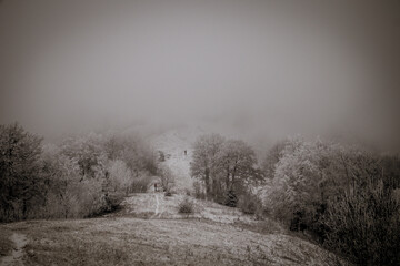 Pristine snow blankets rugged terrain.