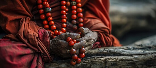 Prayer beads with monk - obrazy, fototapety, plakaty