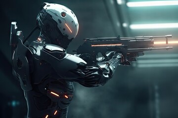 scifi gaming character futuristic suit aiming weapon,shooting gun,illustration