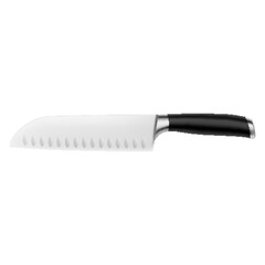 Chef's kitchen knife with black handle isolated on white background with clipping path. Steak knife curved. Top view. Kitchenware. Realistic 3D vector illustration. Mock up.