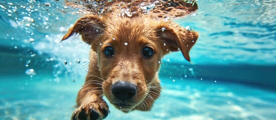 Golden labrador retriever puppy playing and swimming underwater in an outdoor pool with family...