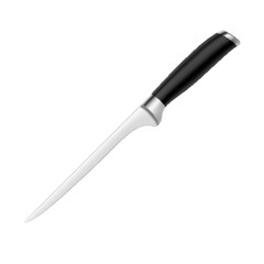 Chef's kitchen knife with black handle isolated on white background with clipping path. Steak knife curved. Top view. Kitchenware. Realistic 3D vector illustration. Mock up.