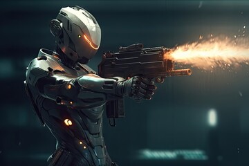 scifi gaming character futuristic suit aiming weapon,shooting gun,illustration - Powered by Adobe