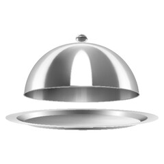 Metal food cloche isolated on white background. Open Stainless Steel Cloche Food Cover Dome Serving Plate Dish Dining Dinner Platter. Realistic 3d vector illustration
