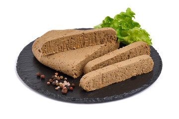 Liver pate, foie gras, close-up, isolated on white background.