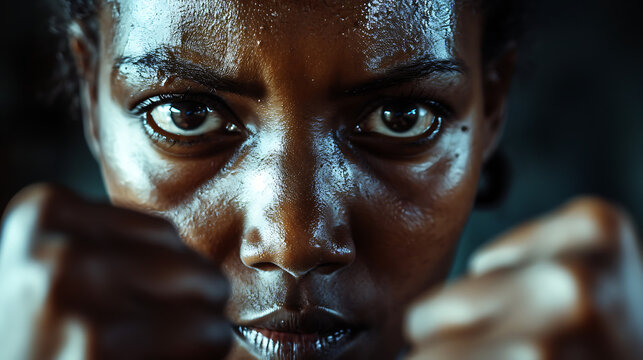 Close up on a black african woman face with confident eyes and fist up. Concept of  woman empowerment, black history month and women's day