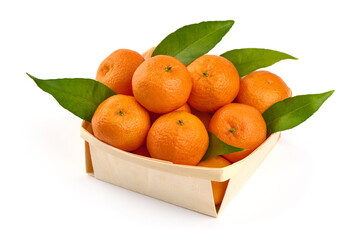 Ripe tangerines with leaves, isolated on a white background.