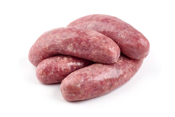 Italian sausages, Raw Salsiccia Sausages, isolated on a white background.