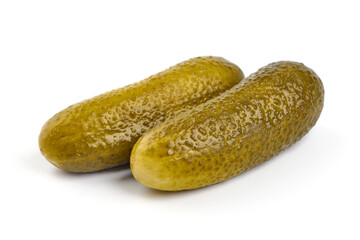 Pickles, marinated cucumbers, isolated on white background.