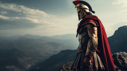 Strong spartan warrior on a beautiful mountain background. AI generated.