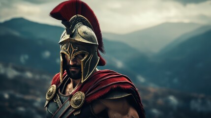 Warrior wearing an iron helmet and red cloak. AI generated. - obrazy, fototapety, plakaty
