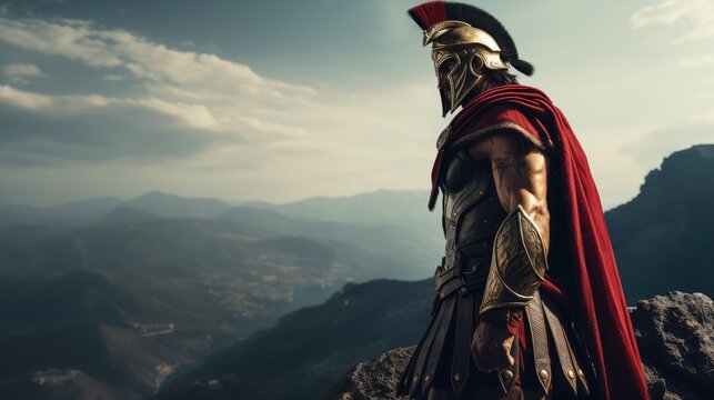 Strong spartan warrior on a beautiful mountain background. AI generated.