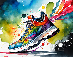 colorful sneaker is being spray painted with a watercolor stroke of different shapes