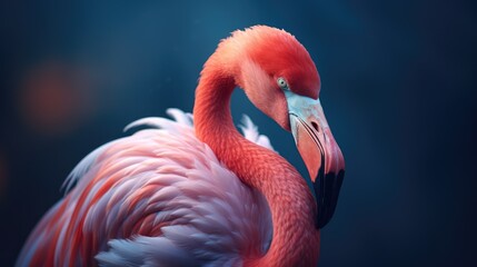 Close-up photo of a pink flamingo. AI generated.