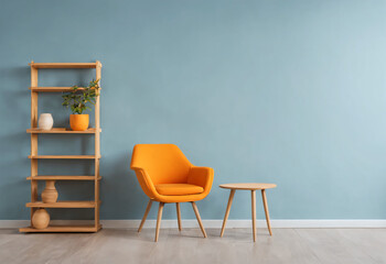 The interior with a orange armchair on empty light blue background, 3D rendering