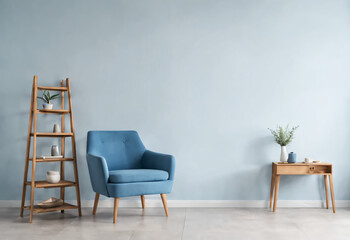 The interior with a blue armchair on empty white light blue background, 3D rendering - obrazy, fototapety, plakaty