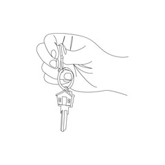 hand holds the keys in Continuous one line drawing. House Key simple line art vector design 
