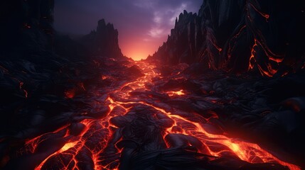 Hot red lava flowing. AI generated.