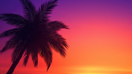 Palm tree silhouette at bright purple sunset. AI generated.