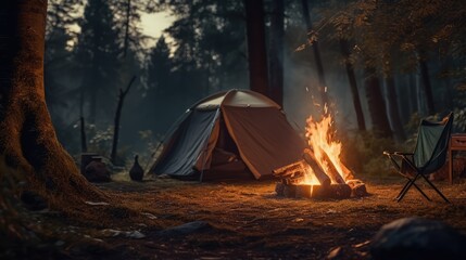 Camping in the forest at night. AI generated.