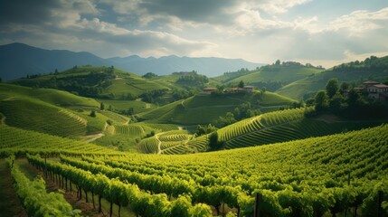 Fototapeta na wymiar Stunning green vineyard landscape. AI generated.