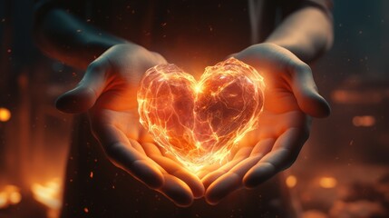 Hands showing fiery heart. AI generated.