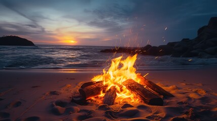Campfire on the beach. AI generated.