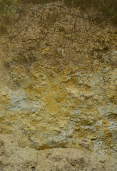 Texture of a wall of solid yellow and brown sand in a sandy quarry