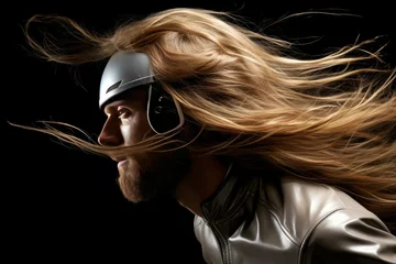 Foto op Canvas Fearless Long hair moto racer. Sport speed. Generate Ai © juliars