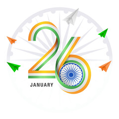 India 26 January Logo Transparent 3D Text with Tricolor Ribbon for Indian Republic Day 