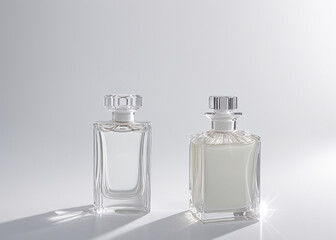 Two bottles of perfume on a white surface. 