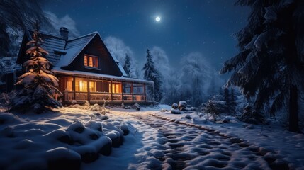 Beautiful house in winter forest. AI generated.