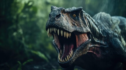 Roaring Tyrannosaurus Rex with big sharp teeth. AI generated.