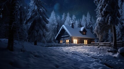 Cozy house in a snowy forest at night. AI generated.