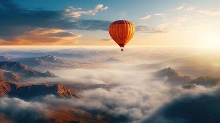 Hot air balloon flying over the clouds. AI generated.