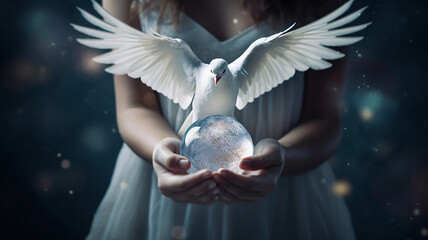 A white pigeon with wings in the hands of a young woman © Marina