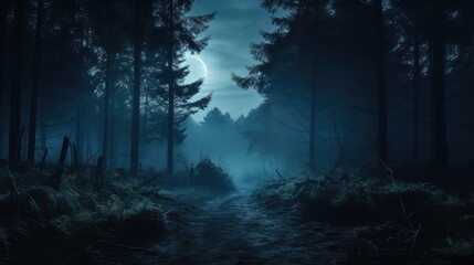 Fototapeta premium Misty forest at night time. AI generated.