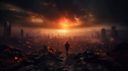 End of the world concept. Lonely person silhouette. AI generated.