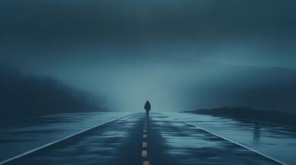 A lonely person silhouette walks the road. AI generated. - obrazy, fototapety, plakaty