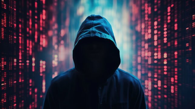 Hooded hacker with covered face. AI generated. - Powered by Adobe