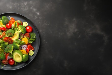 Healthy salad with avocado, cherry tomatoes, cucumber, red onion and lettuce in bowl, copy space