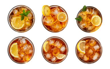 Collection of a glass of iced lemon tea isolated on a transparent background, top view